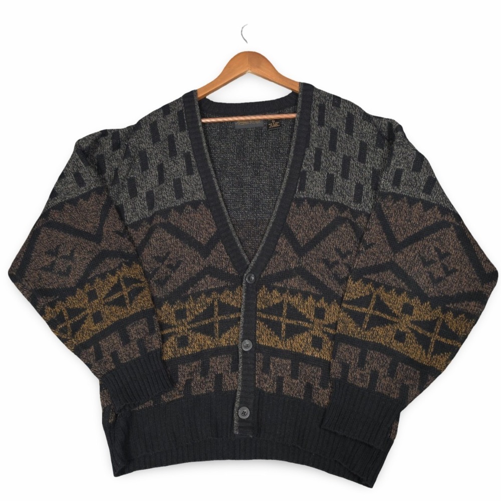Vintage 80s Michael Gerald Geometric Pattern Cardigan Sweater Men's Sz L Acrylic